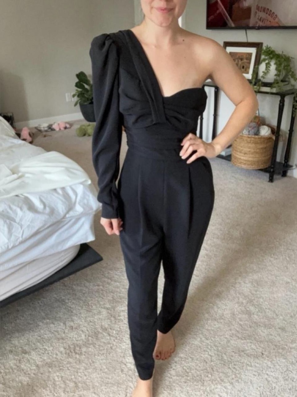 A.L.C. Asymmetric One-Shoulder Black Jumpsuit with Puff Sleeve
